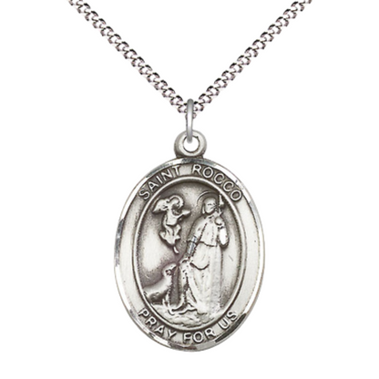 Women's .925 Sterling Silver Saint St. Rocco Medal Pendant on 18 Inch Rhodium Plated Lite Curb Brass Chain with Lobster Claw Clasp, Catholic Religious Necklace - Made in USA- Deluxe Velvet Gift Box
