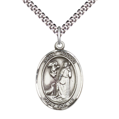 Saint St. Rocco Medal Necklace – Men's Pewter Pendant on 24 Inch Light Rhodium Plated Chain – Catholic Patron Saint St. of Plagues & Epidemics – Velvet Gift Box Included