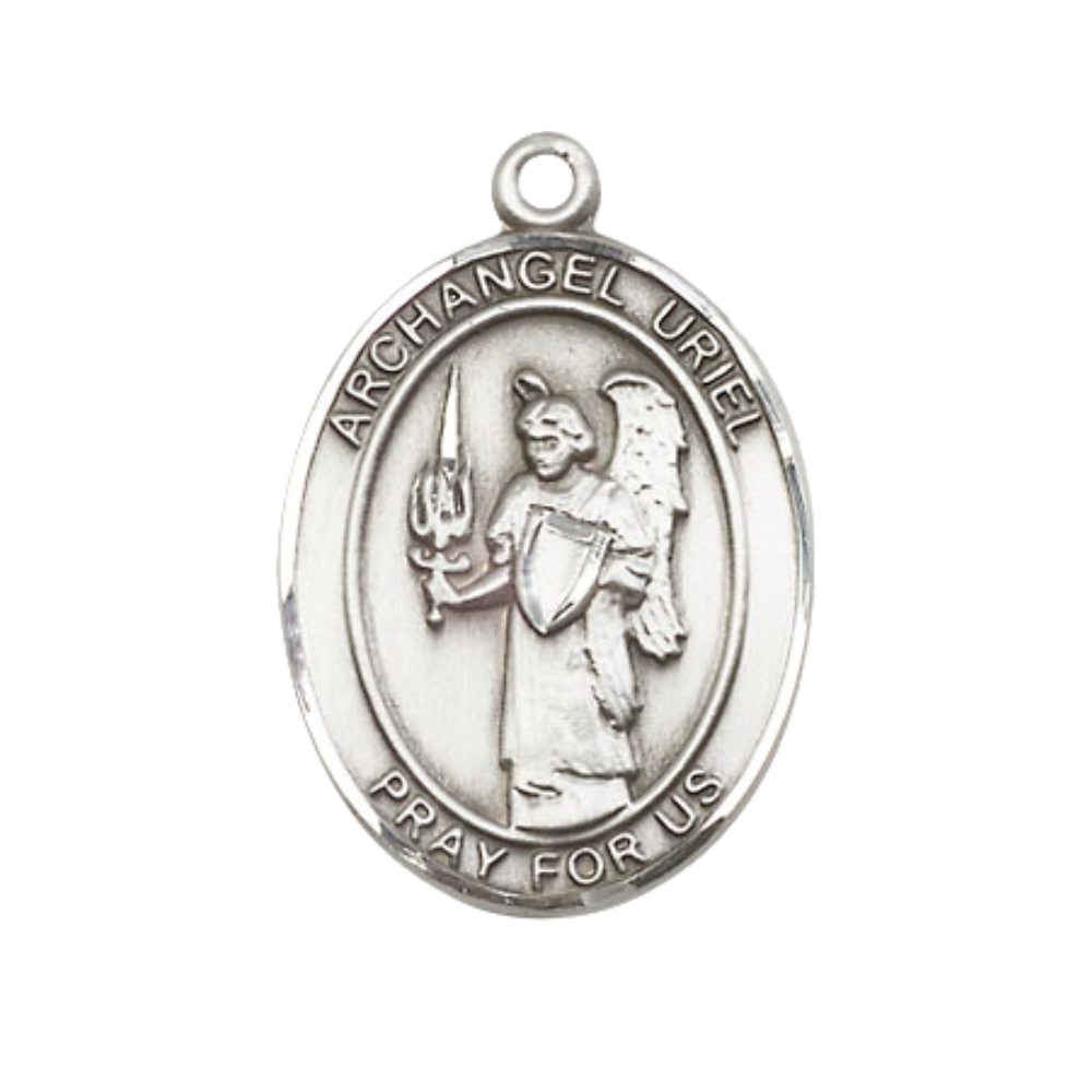 Women's .925 Sterling Silver Saint St. Uriel the Archangel Medal Pendant on 18 Inch Rhodium Plated Lite Curb Brass Chain w/ Lobster Claw Clasp, Catholic Religious Necklace - Made in USA- Deluxe Velvet Gift Box