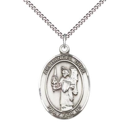 Women's Pewter Saint St. Uriel the Archangel Medal Pendant on 18 Inch Rhodium Plated Lite Curb Brass Chain with Lobster Claw Clasp, Catholic Religious Necklace - Made in USA- Deluxe Velvet Gift Box