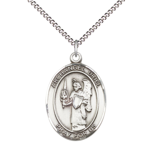 Women's Pewter Saint St. Uriel the Archangel Medal Pendant on 18 Inch Rhodium Plated Lite Curb Brass Chain with Lobster Claw Clasp, Catholic Religious Necklace - Made in USA- Deluxe Velvet Gift Box