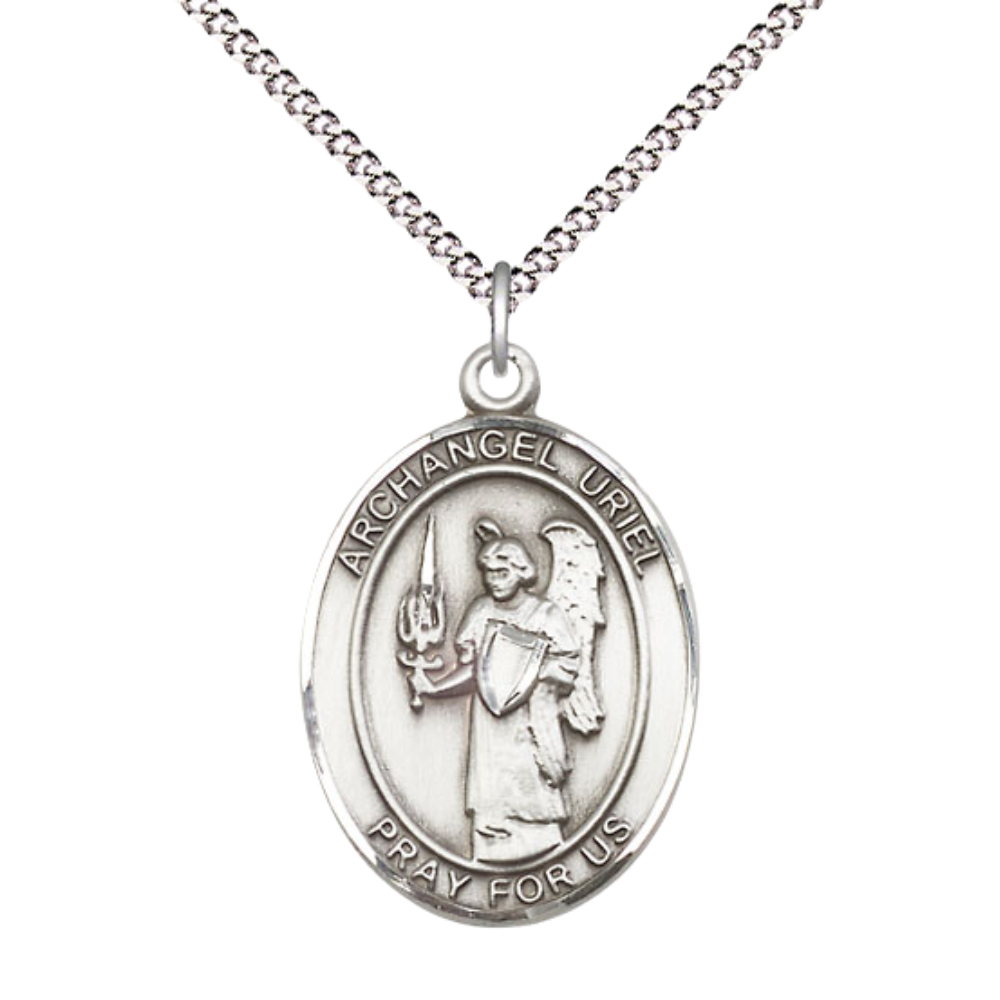 Women's .925 Sterling Silver Saint St. Uriel the Archangel Medal Pendant on 18 Inch Rhodium Plated Lite Curb Brass Chain w/ Lobster Claw Clasp, Catholic Religious Necklace - Made in USA- Deluxe Velvet Gift Box