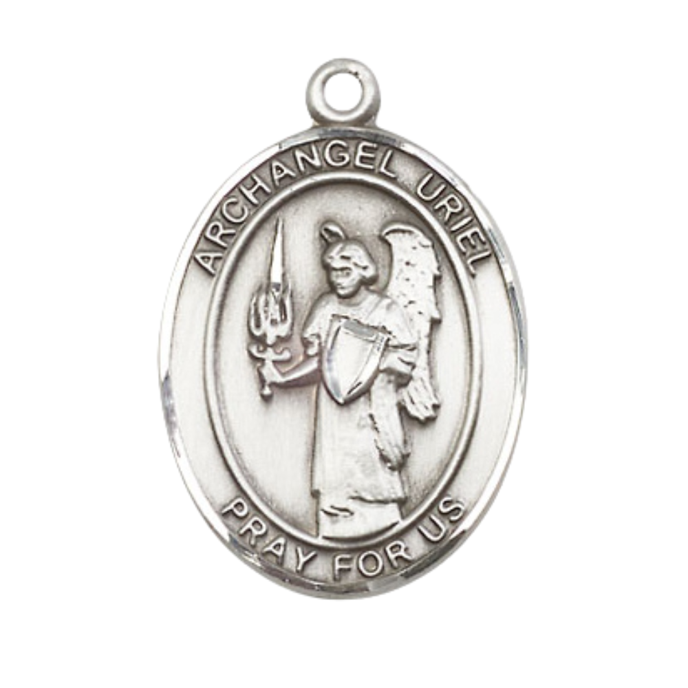 Saint Uriel the Archangel Medal Necklace– Men's Sterling Silver Pendant with 24-Inch Light Rhodium Plated Heavy Curb Chain – Velvet Gift Box Included
