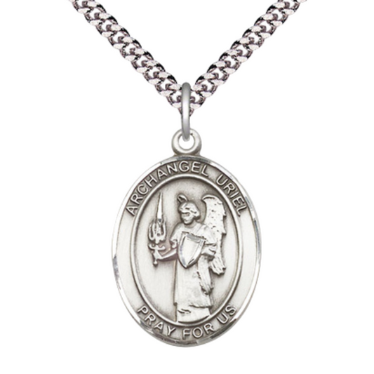 Oval Pewter Saint St. Uriel the Archangel Medal Pendant on 24 inch Rhodium Plated Heavy Curb Brass Chain with Lobster Claw clasp, Catholic Religious Necklace - Made in USA - Deluxe Velvet Gift Box