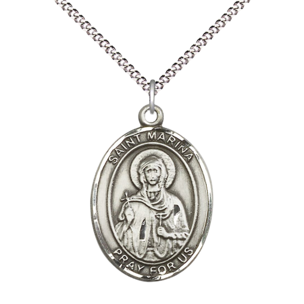 Women's Pewter Saint St. Marina Medal Pendant on 18 Inch Rhodium Plated Lite Curb Brass Chain with Lobster Claw Clasp, Catholic Religious Necklace - Made in USA- Deluxe Velvet Gift Box