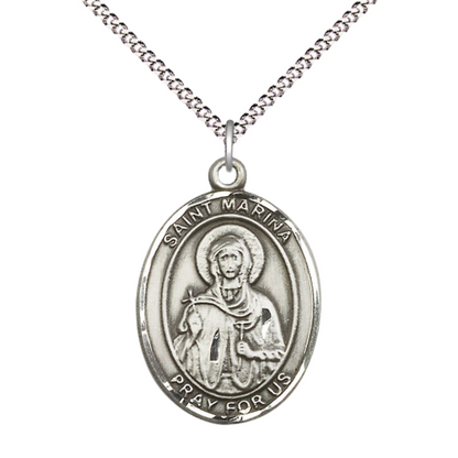 Women's Pewter Saint St. Marina Medal Pendant on 18 Inch Rhodium Plated Lite Curb Brass Chain with Lobster Claw Clasp, Catholic Religious Necklace - Made in USA- Deluxe Velvet Gift Box