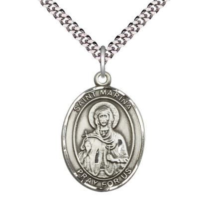 Saint St. Marina Medal Necklace– Men's Pewter Pendant with 24 - Inch Light Rhodium Plated Chain, Catholic Medal – Velvet Gift Box Included