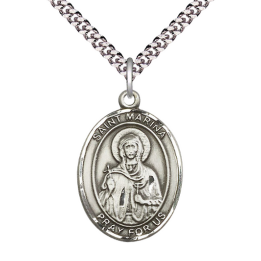 Saint St. Marina Medal Necklace– Men's Pewter Pendant with 24 - Inch Light Rhodium Plated Chain, Catholic Medal – Velvet Gift Box Included