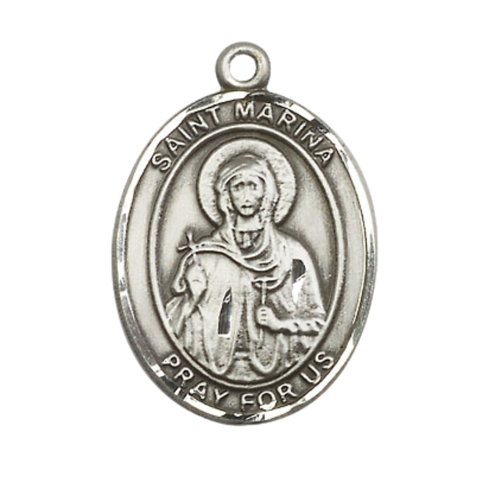 Oval .925 Sterling Silver Saint St. Marina Medal Pendant on 24 Inch Rhodium Plated Heavy Curb Brass Chain with Lobster Claw clasp, Catholic Religious Necklace - Made in USA- Deluxe Velvet Gift Box