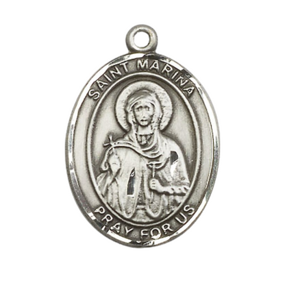 Oval .925 Sterling Silver Saint St. Marina Medal Pendant on 24 Inch Rhodium Plated Heavy Curb Brass Chain with Lobster Claw clasp, Catholic Religious Necklace - Made in USA- Deluxe Velvet Gift Box