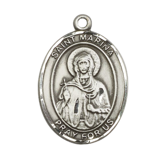 Oval .925 Sterling Silver Saint St. Marina Medal Pendant on 24 Inch Rhodium Plated Heavy Curb Brass Chain with Lobster Claw clasp, Catholic Religious Necklace - Made in USA- Deluxe Velvet Gift Box