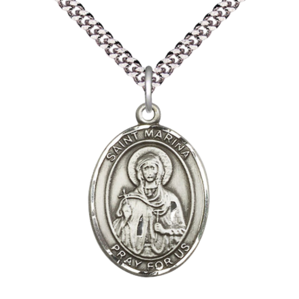 Saint St. Marina Medal Necklace– Men's .925 Sterling Silver Pendant with 24- Inch Light Rhodium Plated Heavy Curb Chain, Catholic Medal – Velvet Gift Box Included