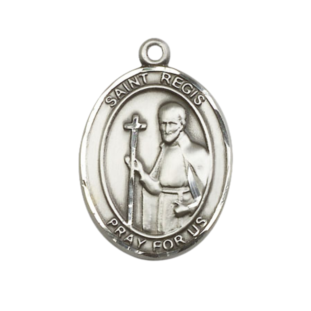 Women's Pewter Saint St. Regis Medal Pendant on 18 Inch Rhodium Plated Lite Curb Brass Chain with Lobster Claw Clasp, Catholic Religious Necklace - Made in USA- Deluxe Velvet Gift Box