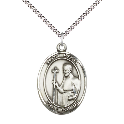 Women's .925 Sterling Silver Saint St. Regis Medal Pendant on 18 Inch Rhodium Plated Lite Curb Brass Chain with Lobster Claw Clasp, Catholic Religious Necklace - Made in USA- Deluxe Velvet Gift Box