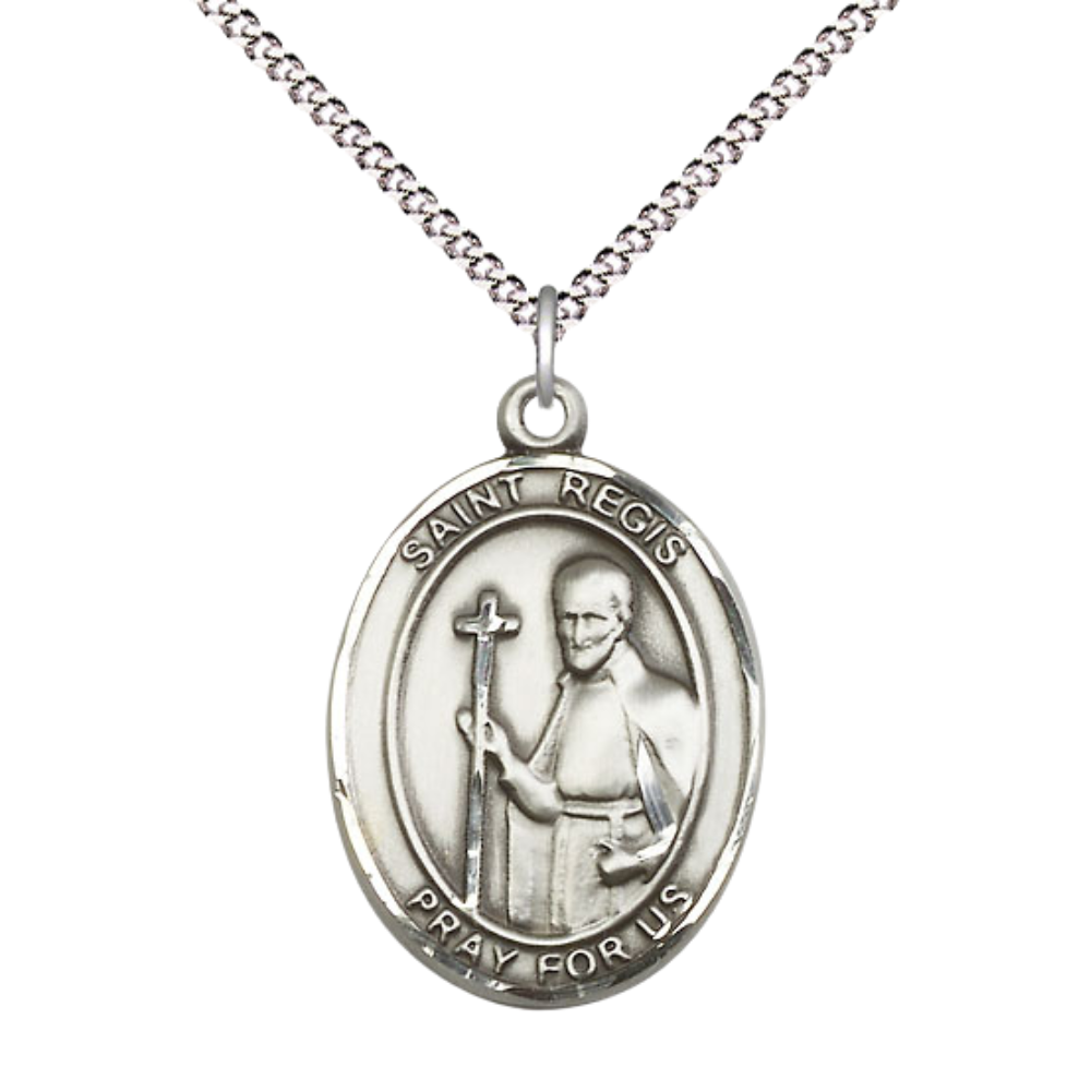 Women's Pewter Saint St. Regis Medal Pendant on 18 Inch Rhodium Plated Lite Curb Brass Chain with Lobster Claw Clasp, Catholic Religious Necklace - Made in USA- Deluxe Velvet Gift Box