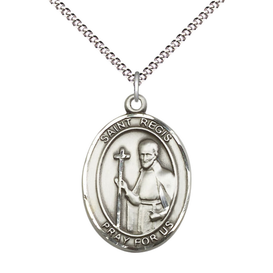 Women's Pewter Saint St. Regis Medal Pendant on 18 Inch Rhodium Plated Lite Curb Brass Chain with Lobster Claw Clasp, Catholic Religious Necklace - Made in USA- Deluxe Velvet Gift Box