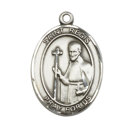 Oval .925 Sterling Silver Saint St. Regis Medal Pendant on 24 inch Rhodium Plated Heavy Curb Brass Chain with Lobster Claw clasp, Catholic Religious Necklace - Made in USA- Deluxe Velvet Gift Box