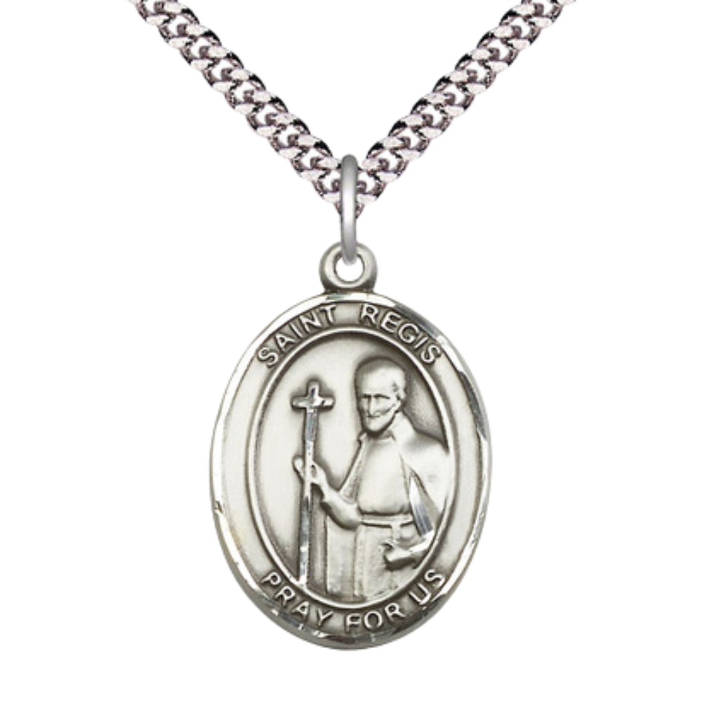 Saint St. Regis Medal Necklace– Men's .925 Sterling Silver Pendant with 24- Inch Light Rhodium Plated Heavy Curb Chain – Patron Saint St. of Social Workers & Lacemakers, Catholic Medal – Velvet Gift Box Included