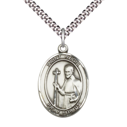Saint St. Regis Medal Necklace– Men's .925 Sterling Silver Pendant with 24- Inch Light Rhodium Plated Heavy Curb Chain – Patron Saint St. of Social Workers & Lacemakers, Catholic Medal – Velvet Gift Box Included