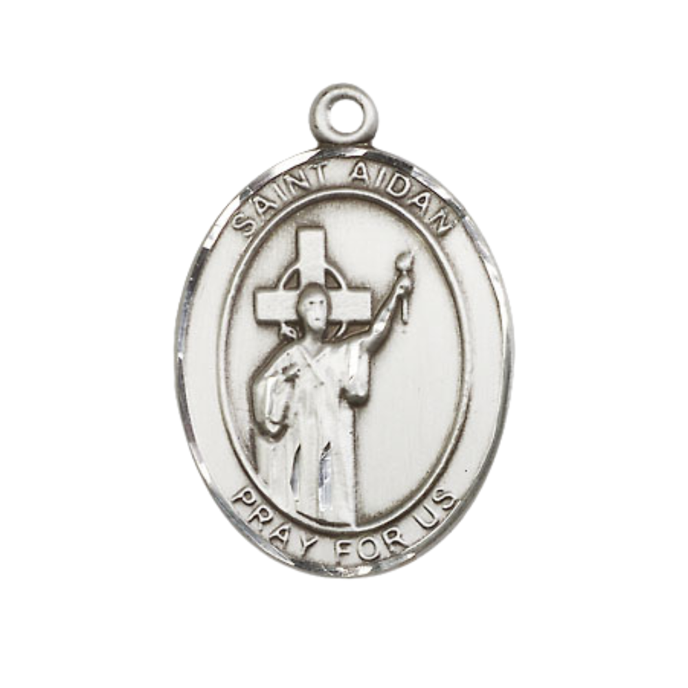 Women's Pewter Saint St. Aidan of Lindesfarne Medal Pendant on 18 Inch Rhodium Plated Lite Curb Brass Chain with Lobster Claw Clasp, Catholic Religious Necklace - Made in USA- Deluxe Velvet Gift Box