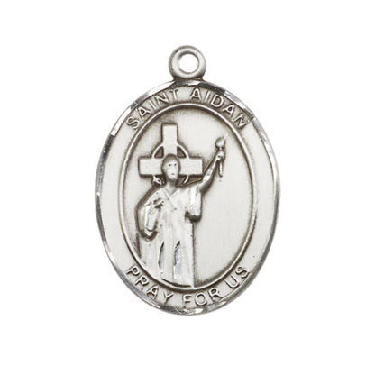 Women's Pewter Saint St. Aidan of Lindesfarne Medal Pendant on 18 Inch Rhodium Plated Lite Curb Brass Chain with Lobster Claw Clasp, Catholic Religious Necklace - Made in USA- Deluxe Velvet Gift Box
