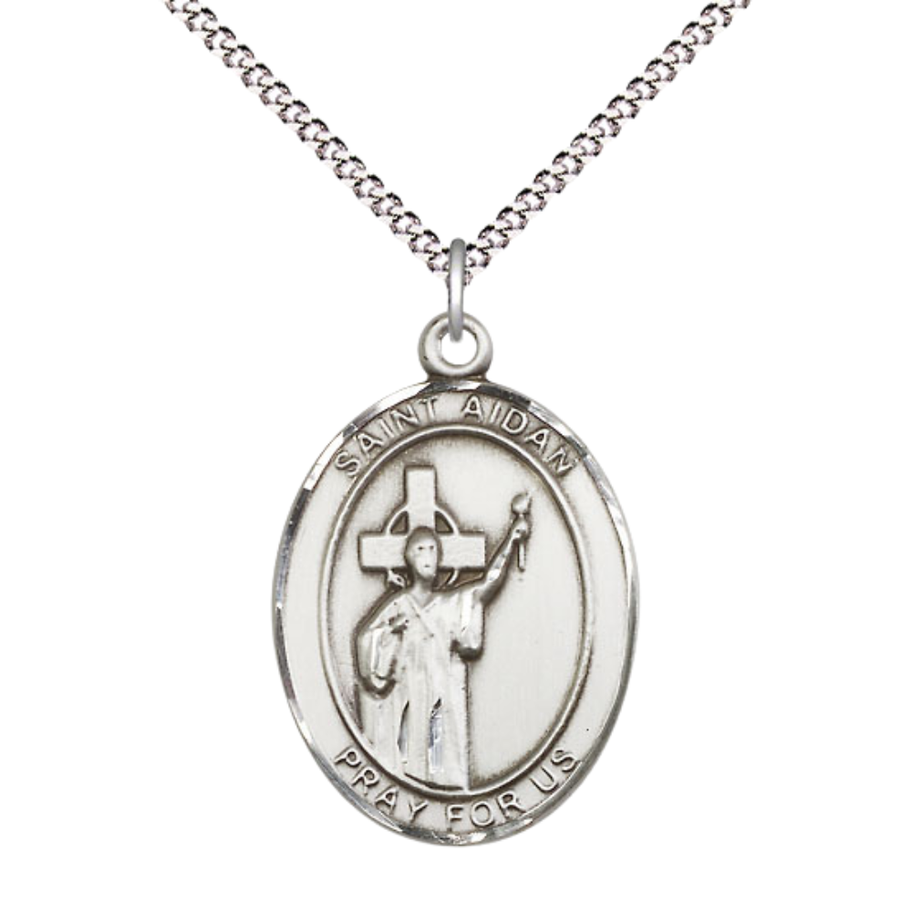 Women's Pewter Saint St. Aidan of Lindesfarne Medal Pendant on 18 Inch Rhodium Plated Lite Curb Brass Chain with Lobster Claw Clasp, Catholic Religious Necklace - Made in USA- Deluxe Velvet Gift Box