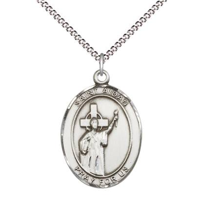 Women's Pewter Saint St. Aidan of Lindesfarne Medal Pendant on 18 Inch Rhodium Plated Lite Curb Brass Chain with Lobster Claw Clasp, Catholic Religious Necklace - Made in USA- Deluxe Velvet Gift Box