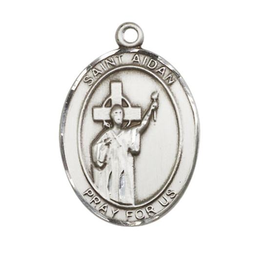 .925 Sterling Silver Saint St. Aidan of Lindesfarne Medal Pendant on 24 Inch Rhodium Plated Heavy Curb Brass Chain w/ Lobster Claw clasp, Catholic Religious Necklace - Made in USA- Deluxe Velvet Gift Box