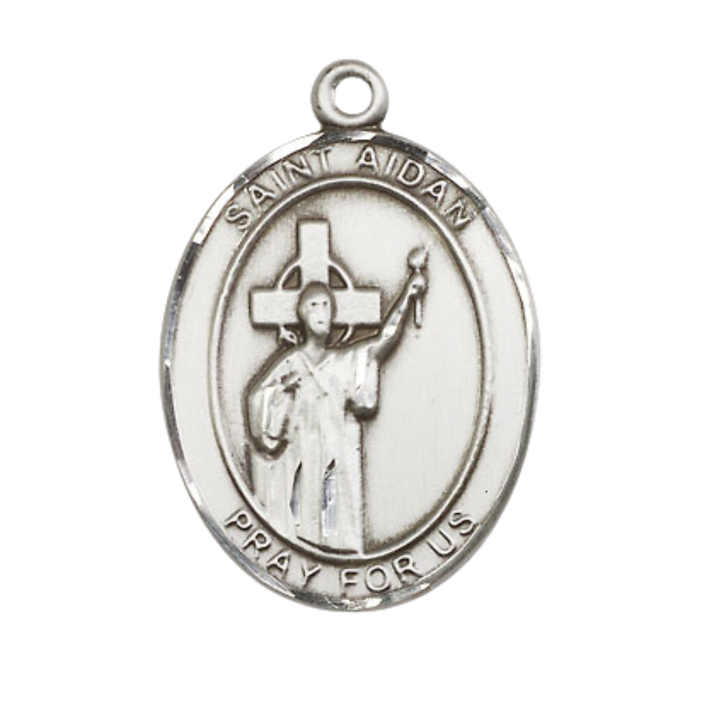 Oval Pewter Saint St. Aidan of Lindesfarne Medal Pendant on 24 Inch Rhodium Plated Heavy Curb Brass Chain with Lobster Claw clasp, Catholic Religious Necklace - Made in USA- Deluxe Velvet Gift Box