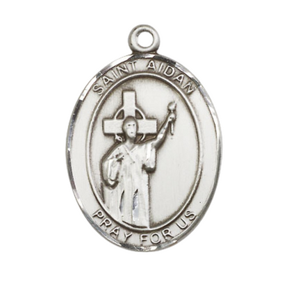 Oval Pewter Saint St. Aidan of Lindesfarne Medal Pendant on 24 Inch Rhodium Plated Heavy Curb Brass Chain with Lobster Claw clasp, Catholic Religious Necklace - Made in USA- Deluxe Velvet Gift Box