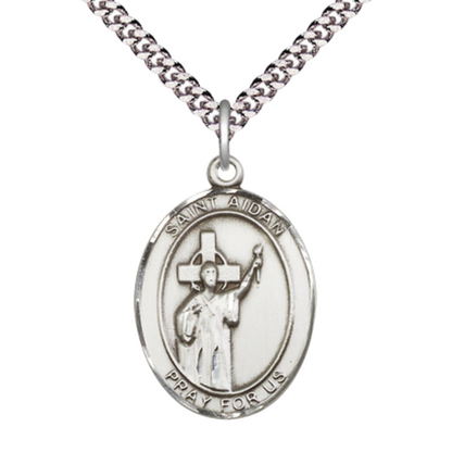 Oval Pewter Saint St. Aidan of Lindesfarne Medal Pendant on 24 Inch Rhodium Plated Heavy Curb Brass Chain with Lobster Claw clasp, Catholic Religious Necklace - Made in USA- Deluxe Velvet Gift Box