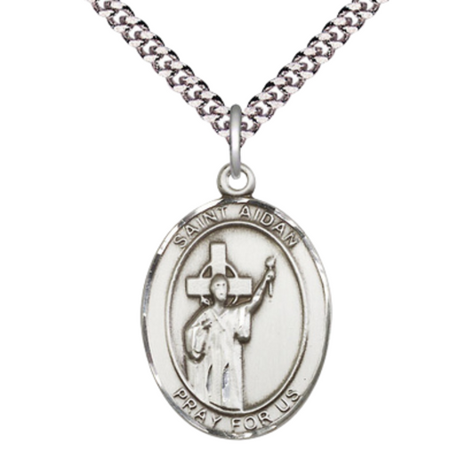 Saint St. Aidan of Lindisfarne Medal Necklace– Men's .925 Sterling Silver Pendant with 24- Inch Light Rhodium Plated Heavy Curb Chain, Catholic Medal – Velvet Gift Box Included