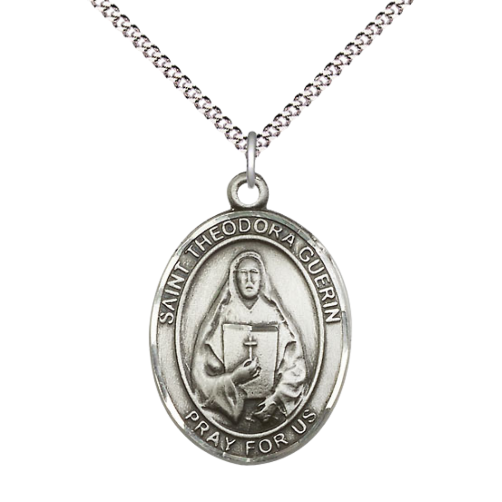 Women's .925 Sterling Silver Saint St. Theodora Medal Pendant on 18 Inch Rhodium Plated Lite Curb Brass Chain with Lobster Claw Clasp, Catholic Religious Necklace - Made in USA- Deluxe Velvet Gift Box