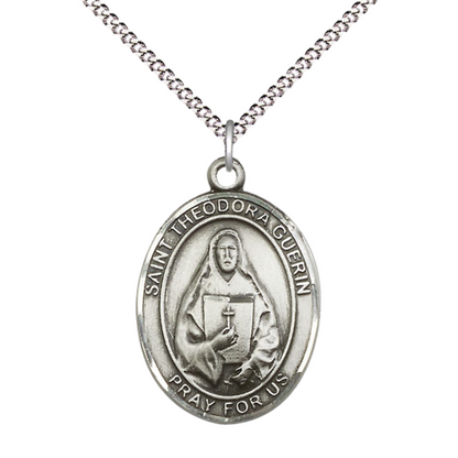 Women's .925 Sterling Silver Saint St. Theodora Medal Pendant on 18 Inch Rhodium Plated Lite Curb Brass Chain with Lobster Claw Clasp, Catholic Religious Necklace - Made in USA- Deluxe Velvet Gift Box