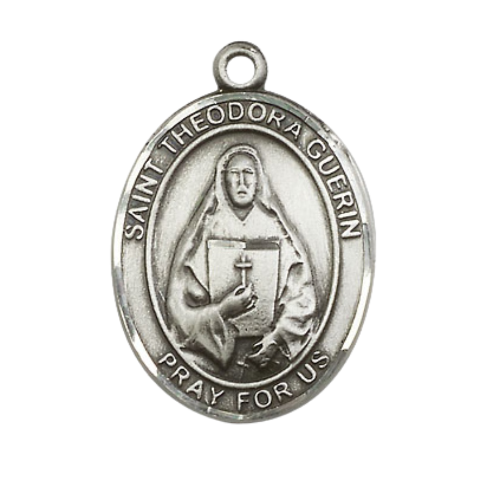 1 x 3/4" Oval Pewter Saint St. Theodora Medal Pendant on 24 inch Rhodium Plated Heavy Curb Brass Chain with Lobster Claw clasp, Catholic Religious Necklace - Made in USA - Deluxe Velvet Gift Box