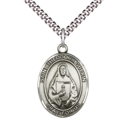 Saint St. Theodora Medal Necklace– Men's Pewter Pendant with 24 - Inch Light Rhodium Plated Chain, Catholic Medal – Velvet Gift Box Included