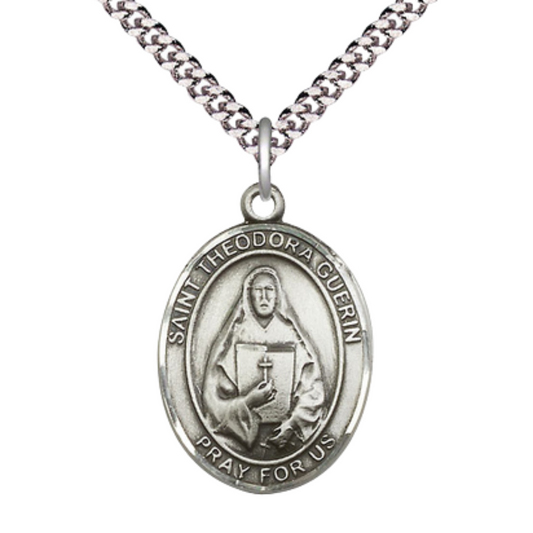 Saint St. Theodora Medal Necklace– Men's Pewter Pendant with 24 - Inch Light Rhodium Plated Chain, Catholic Medal – Velvet Gift Box Included