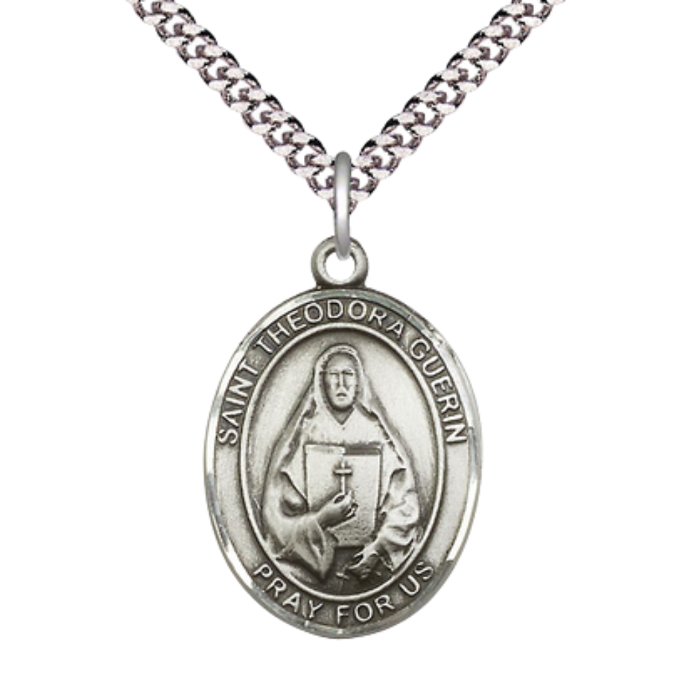 1 x 3/4" Oval Pewter Saint St. Theodora Medal Pendant on 24 inch Rhodium Plated Heavy Curb Brass Chain with Lobster Claw clasp, Catholic Religious Necklace - Made in USA - Deluxe Velvet Gift Box