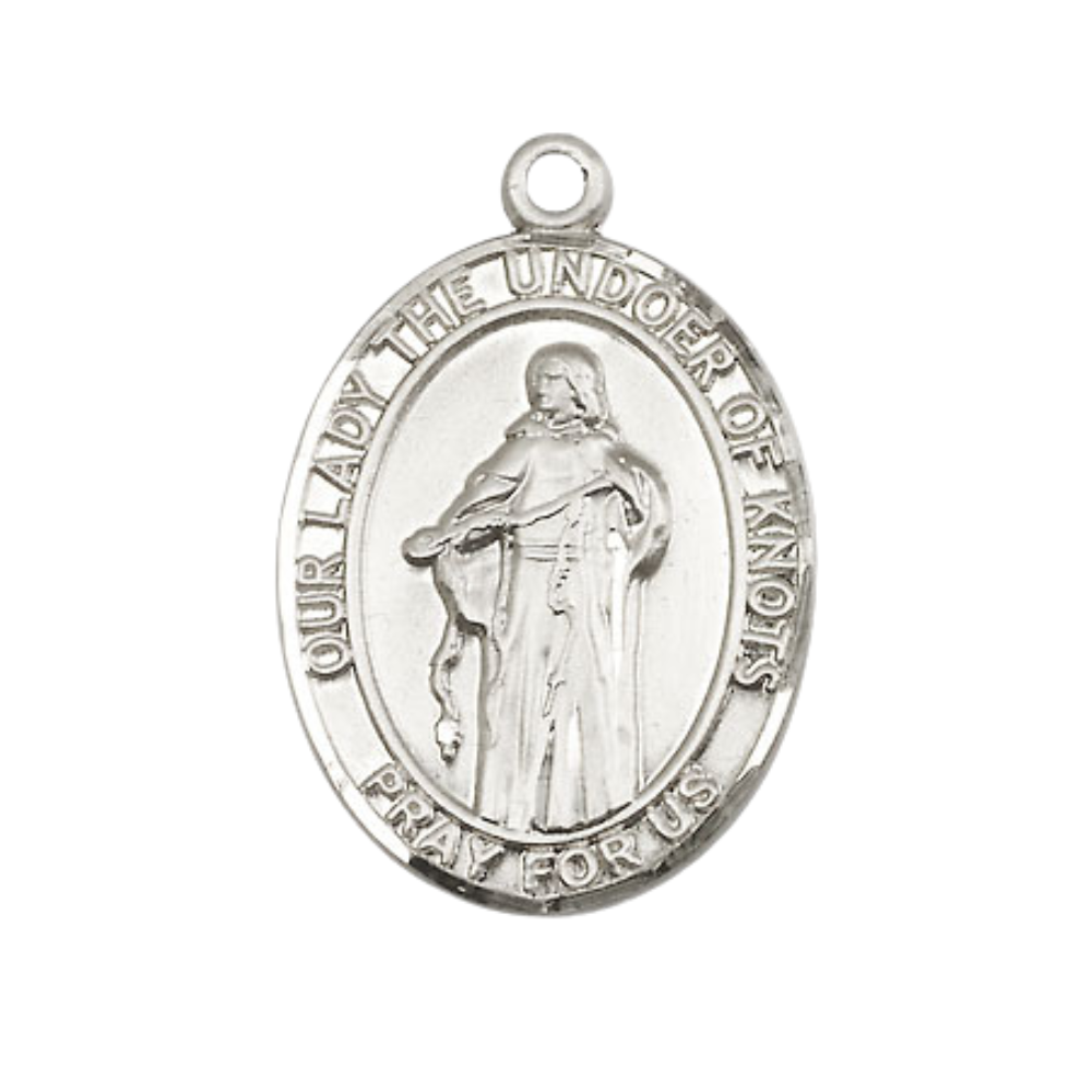 Women's Pewter Our Lady of Knots Medal Pendant on 18 Inch Rhodium Plated Lite Curb Brass Chain with Lobster Claw Clasp, Catholic Religious Necklace - Made in USA- Deluxe Velvet Gift Box