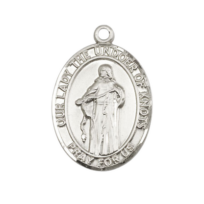 Women's Pewter Our Lady of Knots Medal Pendant on 18 Inch Rhodium Plated Lite Curb Brass Chain with Lobster Claw Clasp, Catholic Religious Necklace - Made in USA- Deluxe Velvet Gift Box