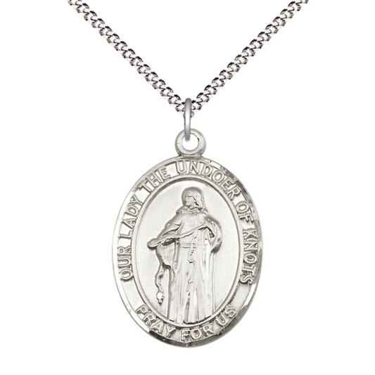 Women's .925 Sterling Silver Our Lady of Knots Medal Pendant on 18 Inch Rhodium Plated Lite Curb Brass Chain with Lobster Claw Clasp, Catholic Religious Necklace - Made in USA- Deluxe Velvet Gift Box