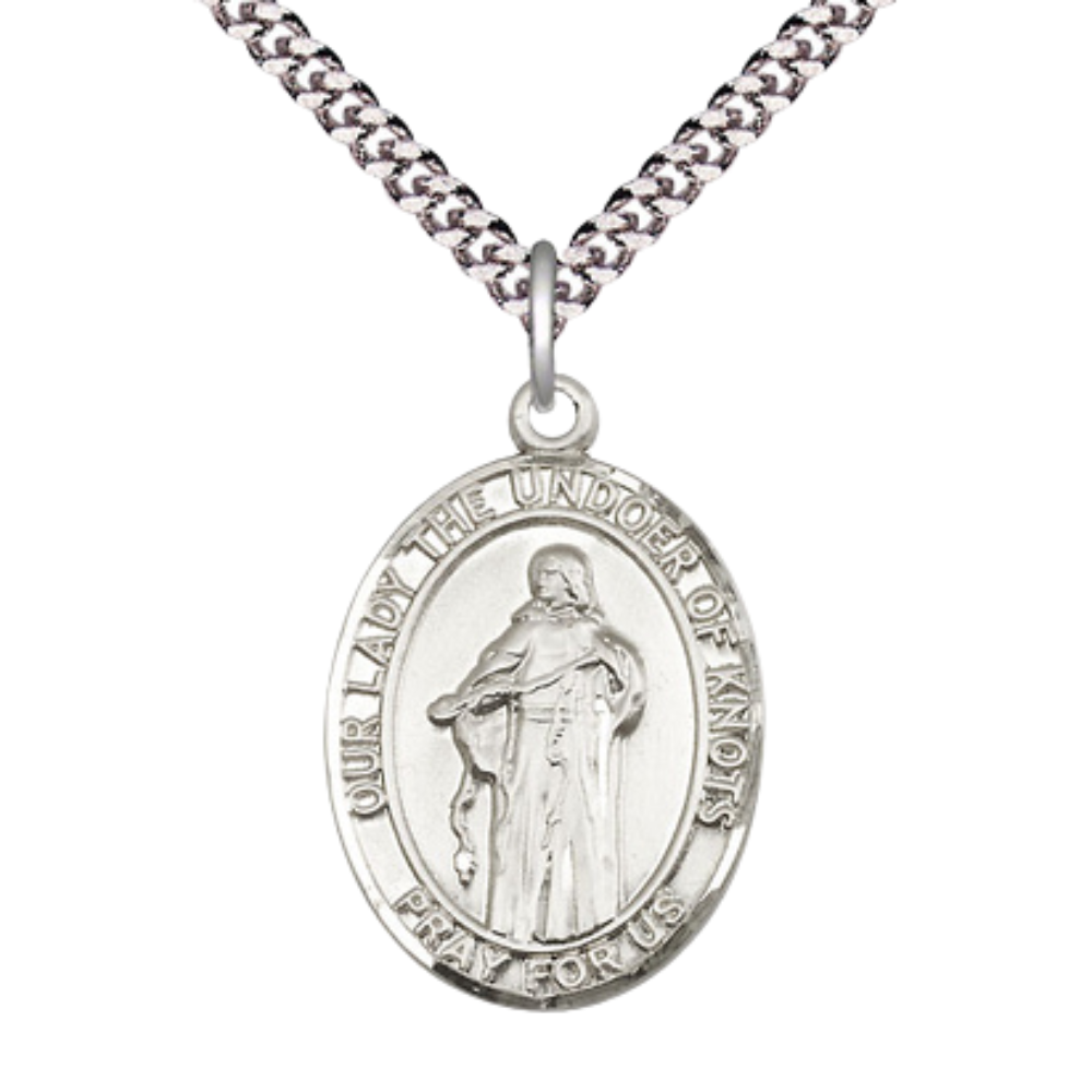 1 x 3/4" Oval Pewter Our Lady of Knots Medal Pendant on 24 Inch Rhodium Plated Heavy Curb Brass Chain with Lobster Claw clasp, Catholic Religious Necklace - Made in USA- Deluxe Velvet Gift Box