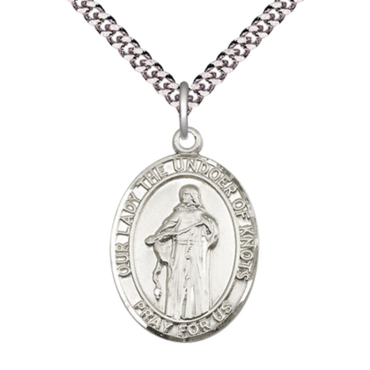 1 x 3/4" Oval Pewter Our Lady of Knots Medal Pendant on 24 Inch Rhodium Plated Heavy Curb Brass Chain with Lobster Claw clasp, Catholic Religious Necklace - Made in USA- Deluxe Velvet Gift Box