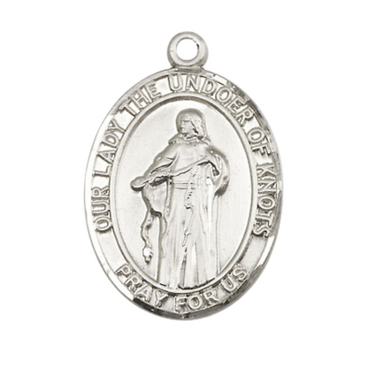 .925 Sterling Silver Our Lady of Knots Medal Pendant on 24 Inch Rhodium Plated Heavy Curb Brass Chain with Lobster Claw clasp, Catholic Religious Necklace - Made in USA- Deluxe Velvet Gift Box
