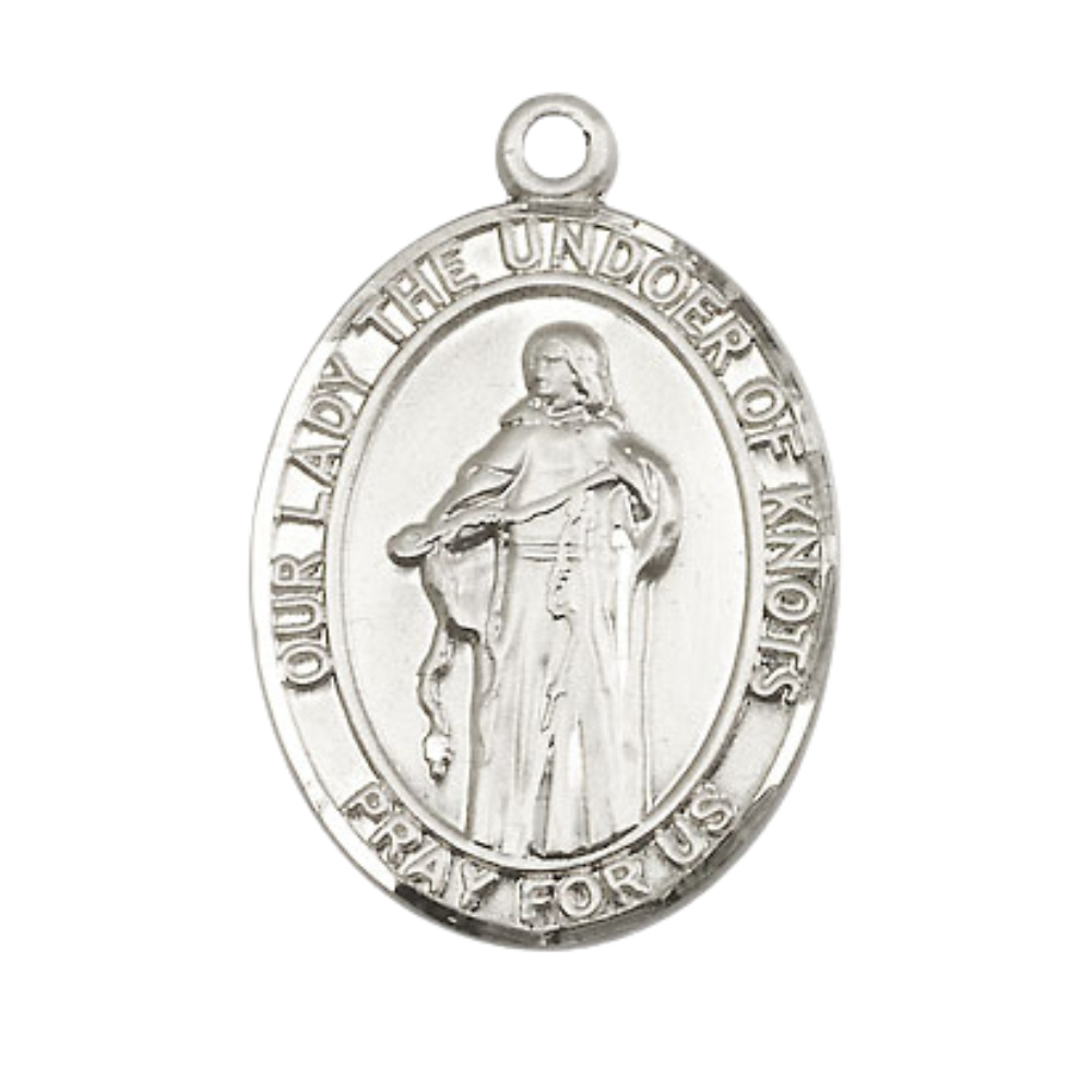 1 x 3/4" Oval Pewter Our Lady of Knots Medal Pendant on 24 Inch Rhodium Plated Heavy Curb Brass Chain with Lobster Claw clasp, Catholic Religious Necklace - Made in USA- Deluxe Velvet Gift Box