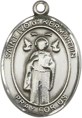 1 x 3/4" Oval Pewter Saint St. Ivo Medal Pendant on 24 inch Rhodium Plated Heavy Curb Brass Chain with Lobster Claw clasp, Catholic Religious Necklace - Made in USA- Deluxe Velvet Gift Box