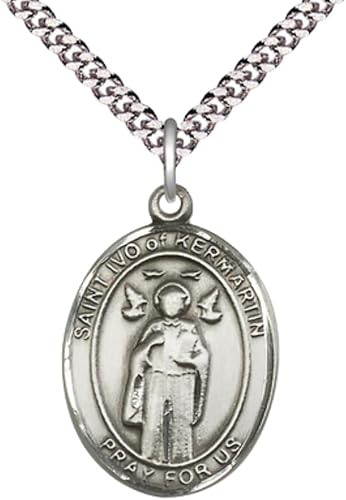 1 x 3/4" Oval Pewter Saint St. Ivo Medal Pendant on 24 inch Rhodium Plated Heavy Curb Brass Chain with Lobster Claw clasp, Catholic Religious Necklace - Made in USA- Deluxe Velvet Gift Box