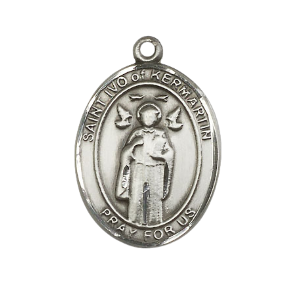 Women's Pewter Saint St. Ivo Medal Pendant on 18 Inch Rhodium Plated Lite Curb Brass Chain with Lobster Claw Clasp, Catholic Religious Necklace - Made in USA- Deluxe Velvet Gift Box