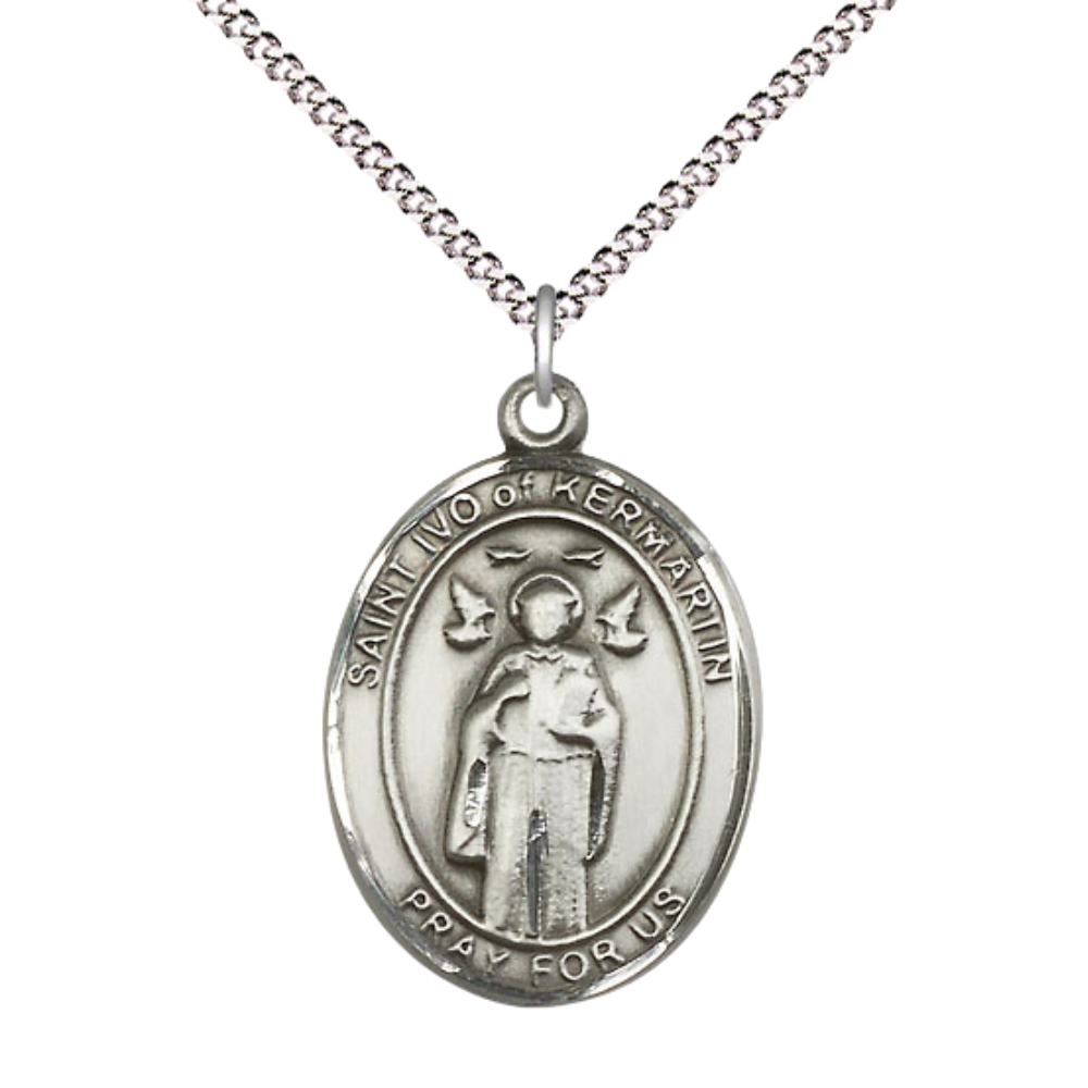 Women's .925 Sterling Silver Saint St. Ivo Medal Pendant on 18 Inch Rhodium Plated Lite Curb Brass Chain with Lobster Claw Clasp, Catholic Religious Necklace - Made in USA- Deluxe Velvet Gift Box