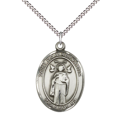 Women's Pewter Saint St. Ivo Medal Pendant on 18 Inch Rhodium Plated Lite Curb Brass Chain with Lobster Claw Clasp, Catholic Religious Necklace - Made in USA- Deluxe Velvet Gift Box
